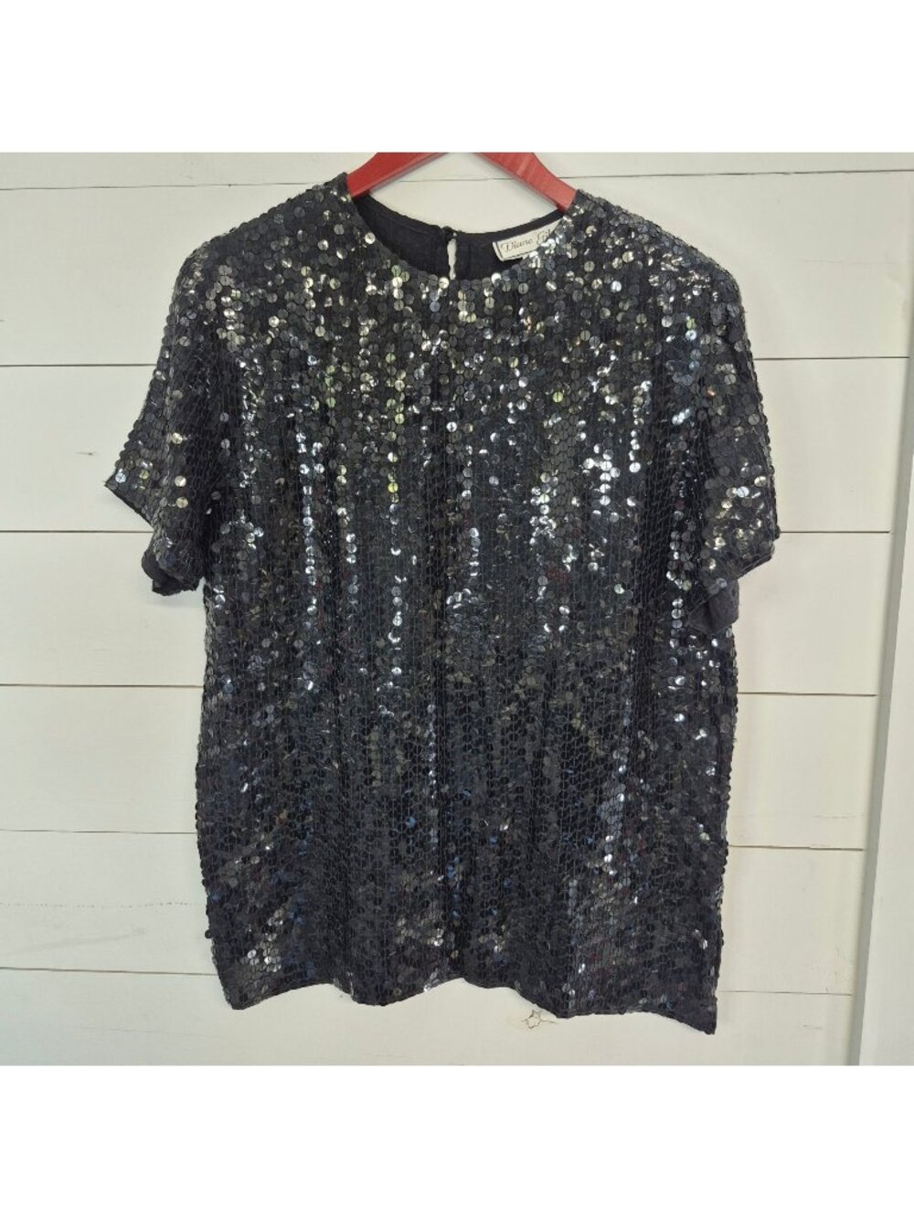 Diane Gilman Women's Black Sequin 100% Silk Short Sleeve Top‎ With Shoulder Pads